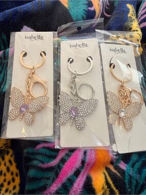 Crystal Butterfly Keychain - Gold & Silver with Purple and Clear Stones.